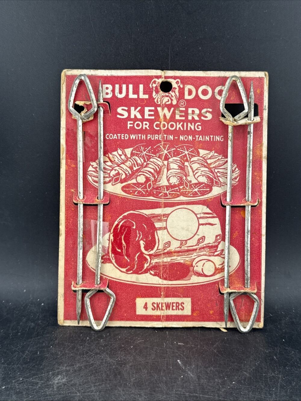 Vintage Bull Dog Cooking Skewers 4 Pack Tin Coated Meat Poultry Trussing NOS